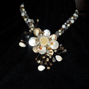 Seashell Necklace with Crystals and Pearls Cameo Center